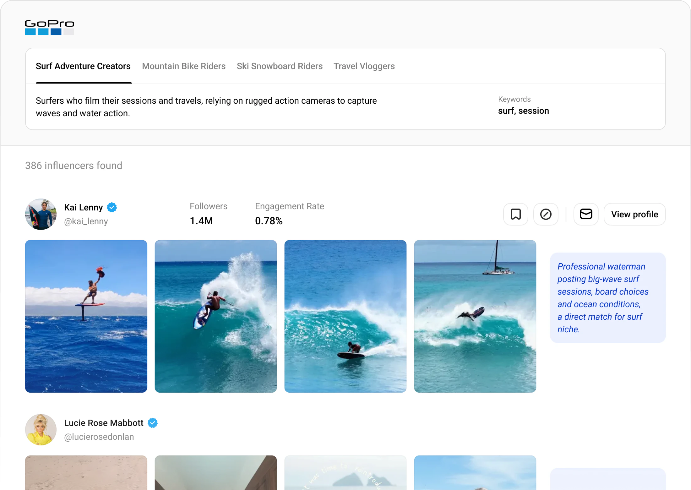 Creator discovery results with filters and creator cards
