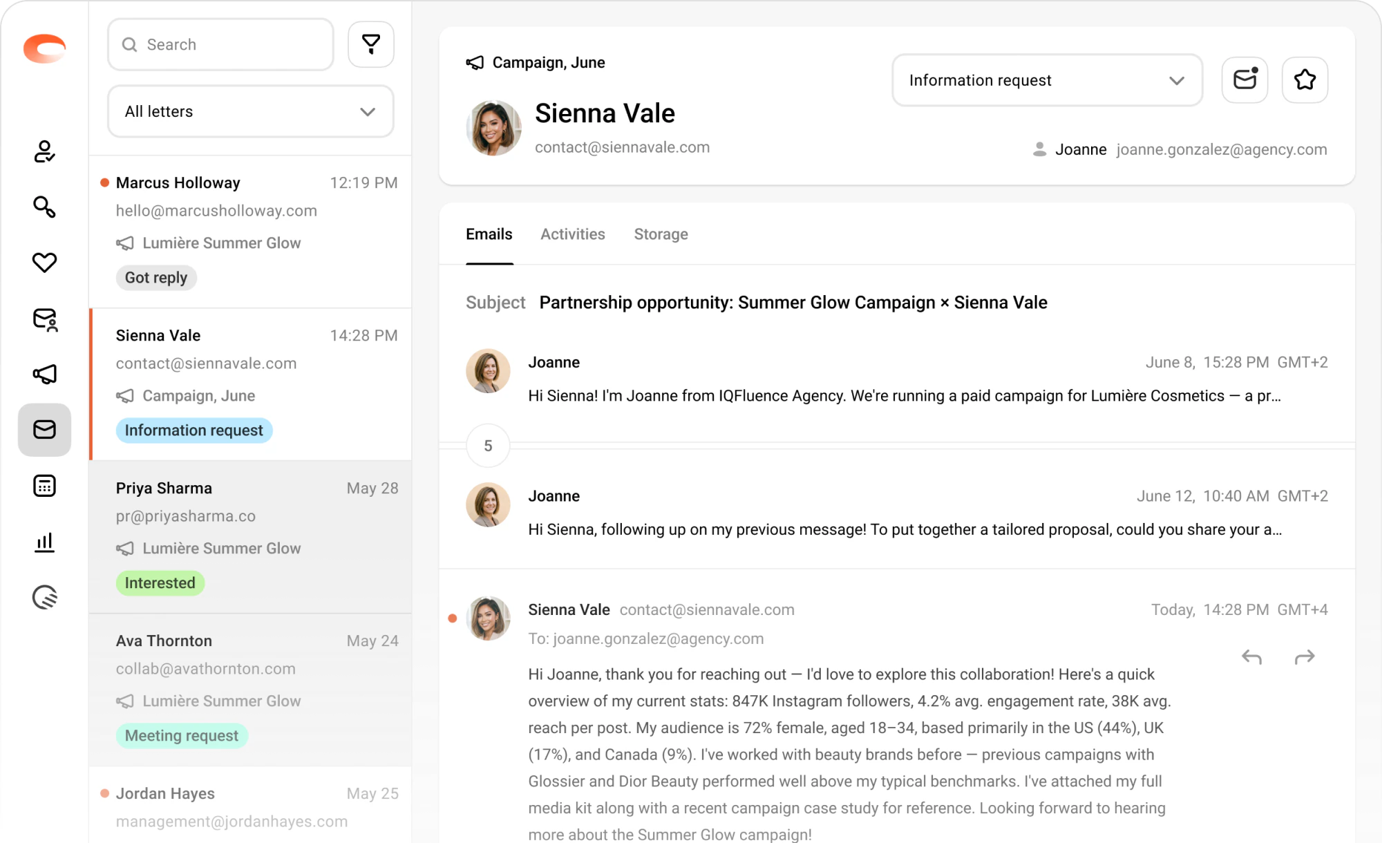 Outreach workspace with creator conversations