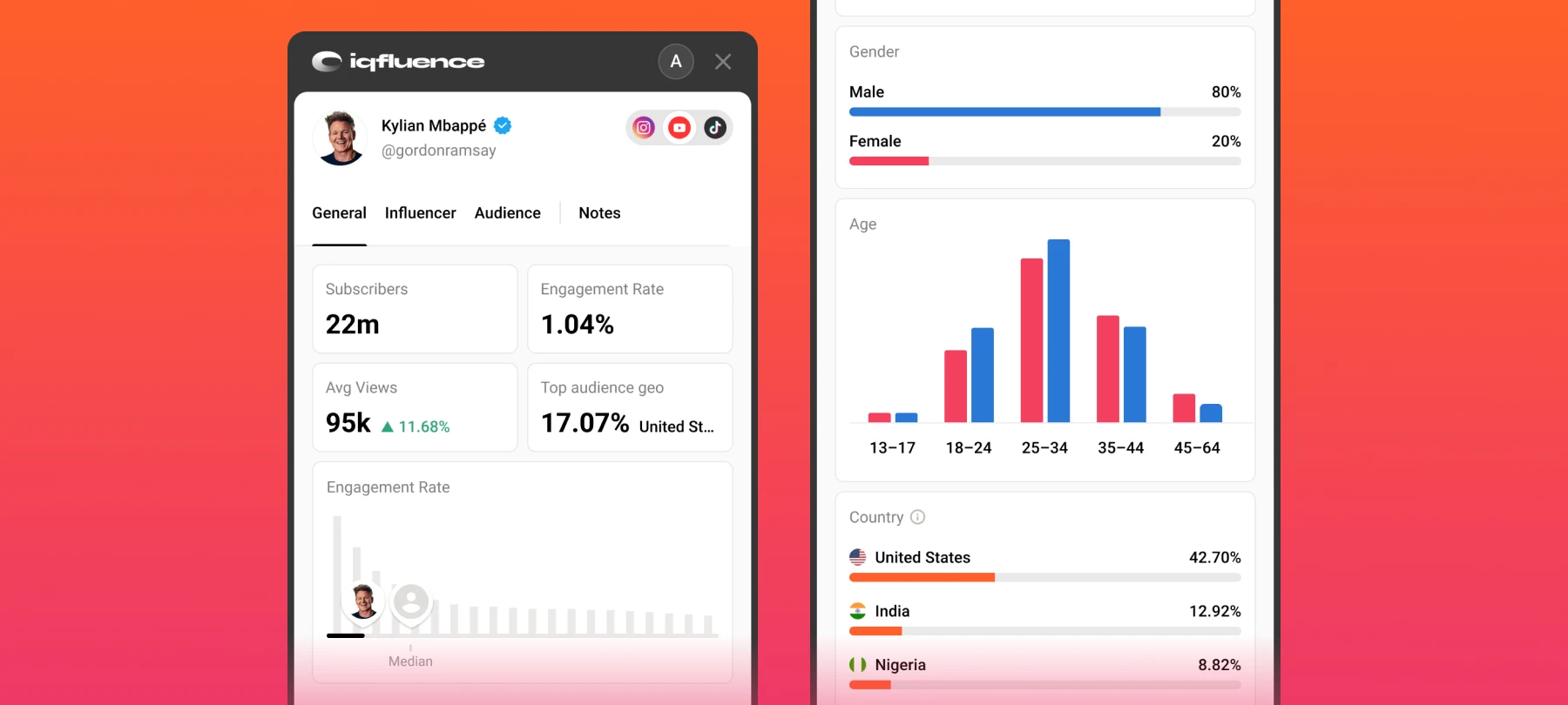 Creator engagement metrics and audience demographics by gender, age and country