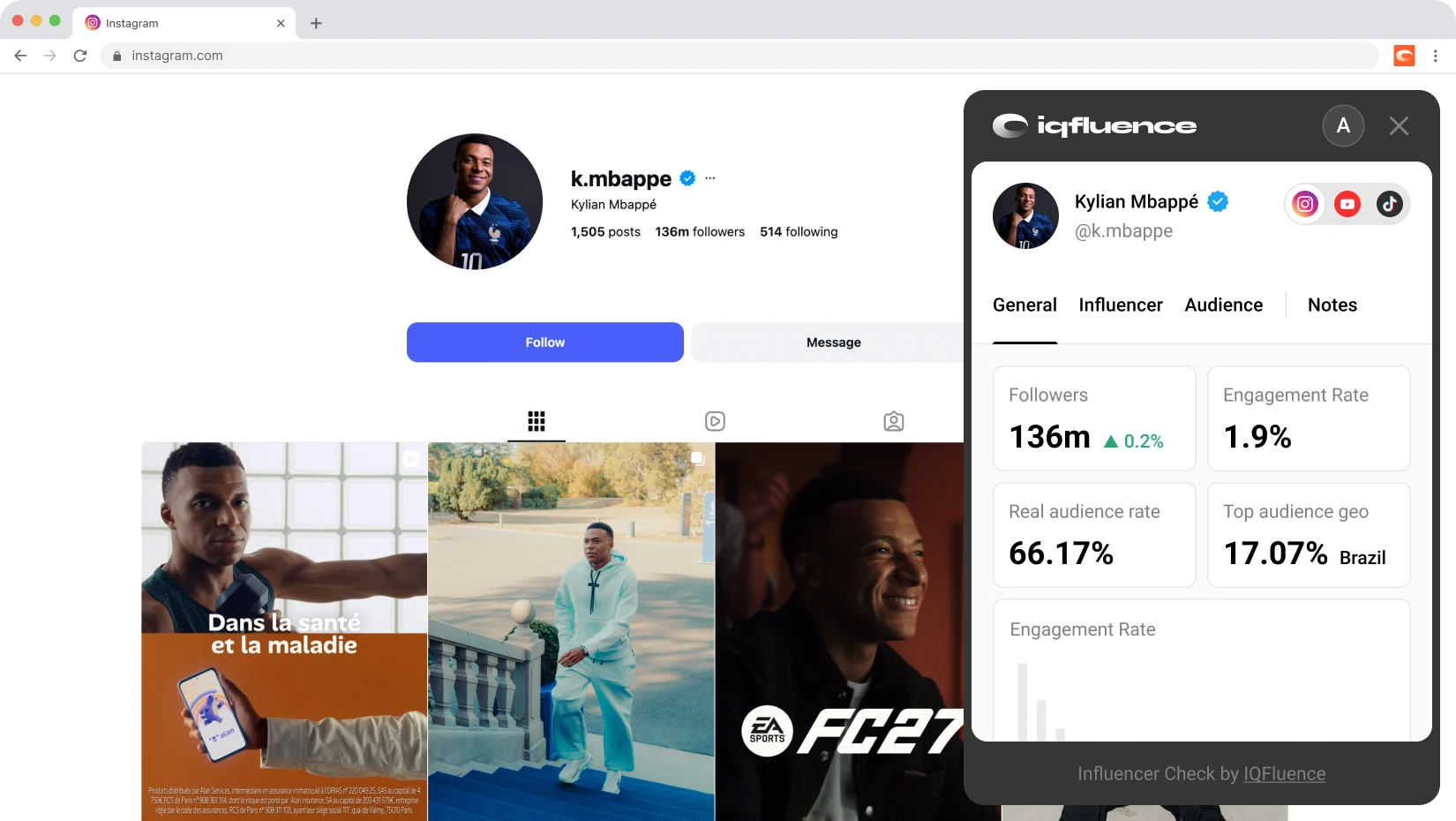 IQFluence creator metrics panel alongside an Instagram profile
