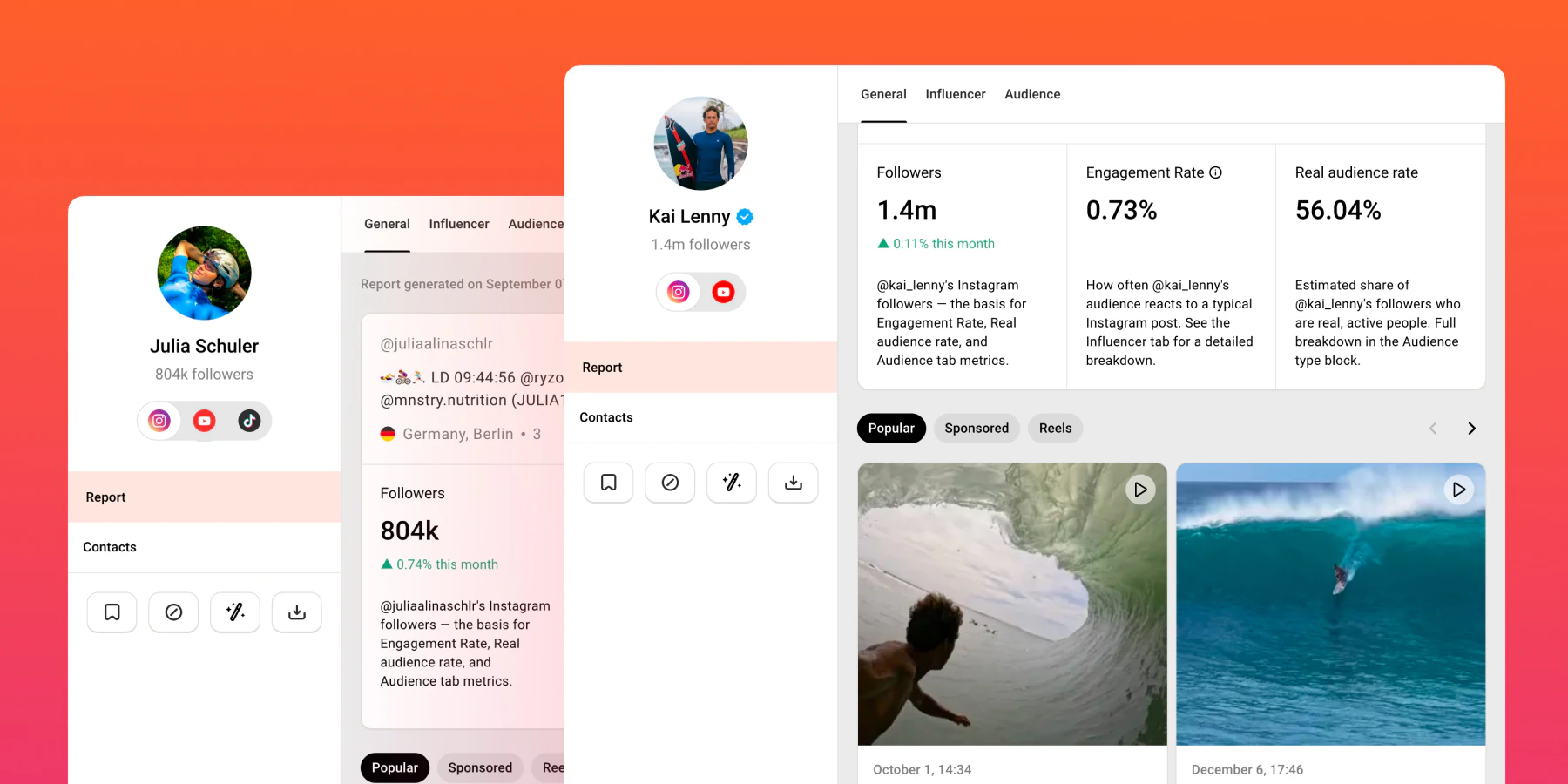 Instagram influencer reports for Julia Schuler and Kai Lenny