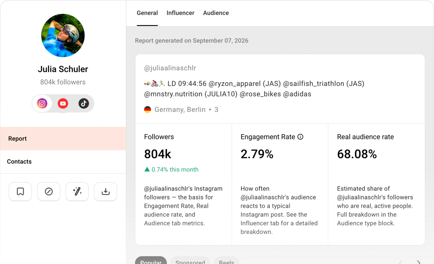 Influencer report for Julia Schuler with audience quality, engagement rate and follower statistics