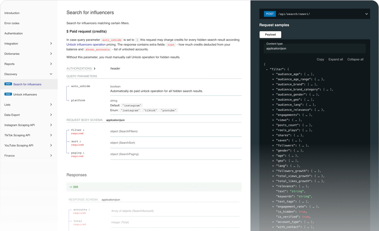 IQFluence API documentation with search filters and a structured request sample