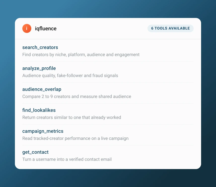IQFluence MCP tools: search_creators, analyze_profile, audience_overlap, find_lookalikes, campaign_metrics and get_contact