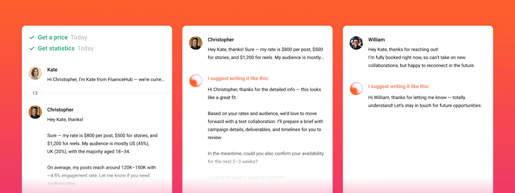 AI follow-ups and suggested responses to creator emails