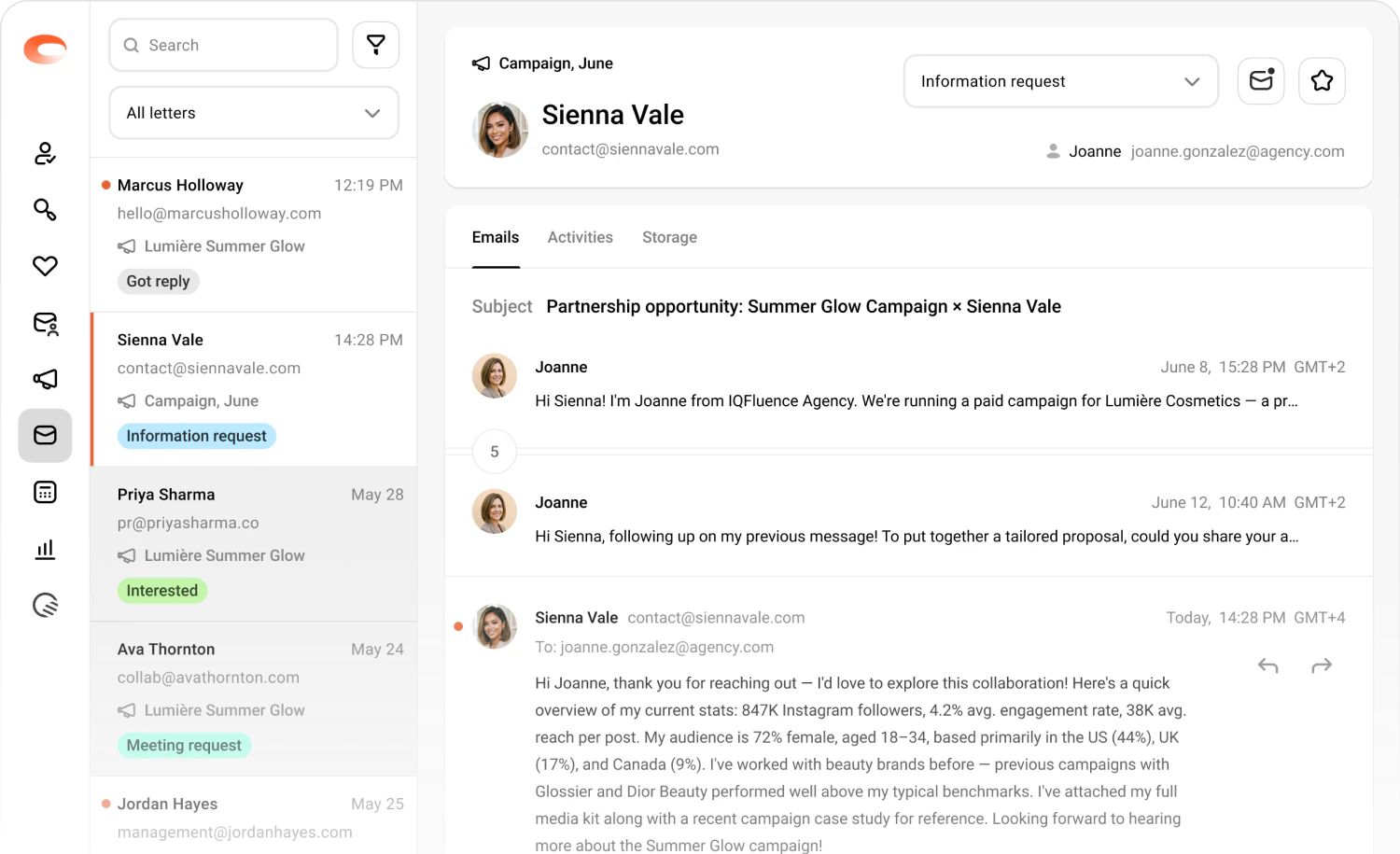 Influencer outreach inbox with campaign conversations, reply classification and creator details