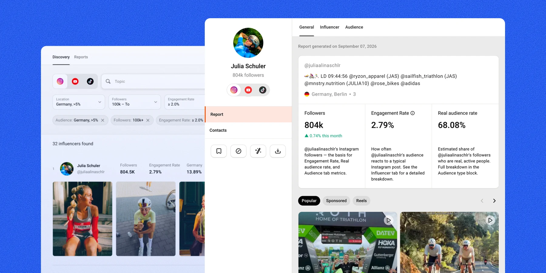 Influencer discovery filters and Julia Schuler’s audience and engagement report
