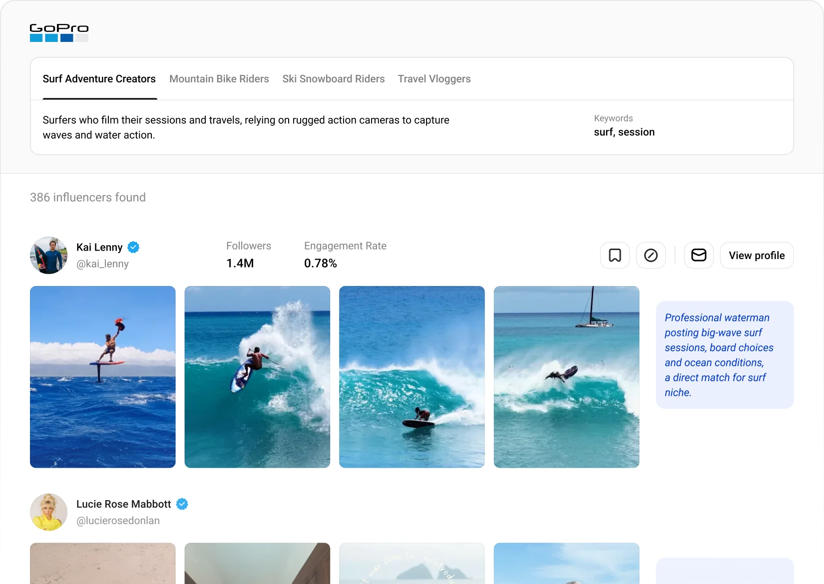 GoPro surf creator search with audience hypotheses and matched influencers