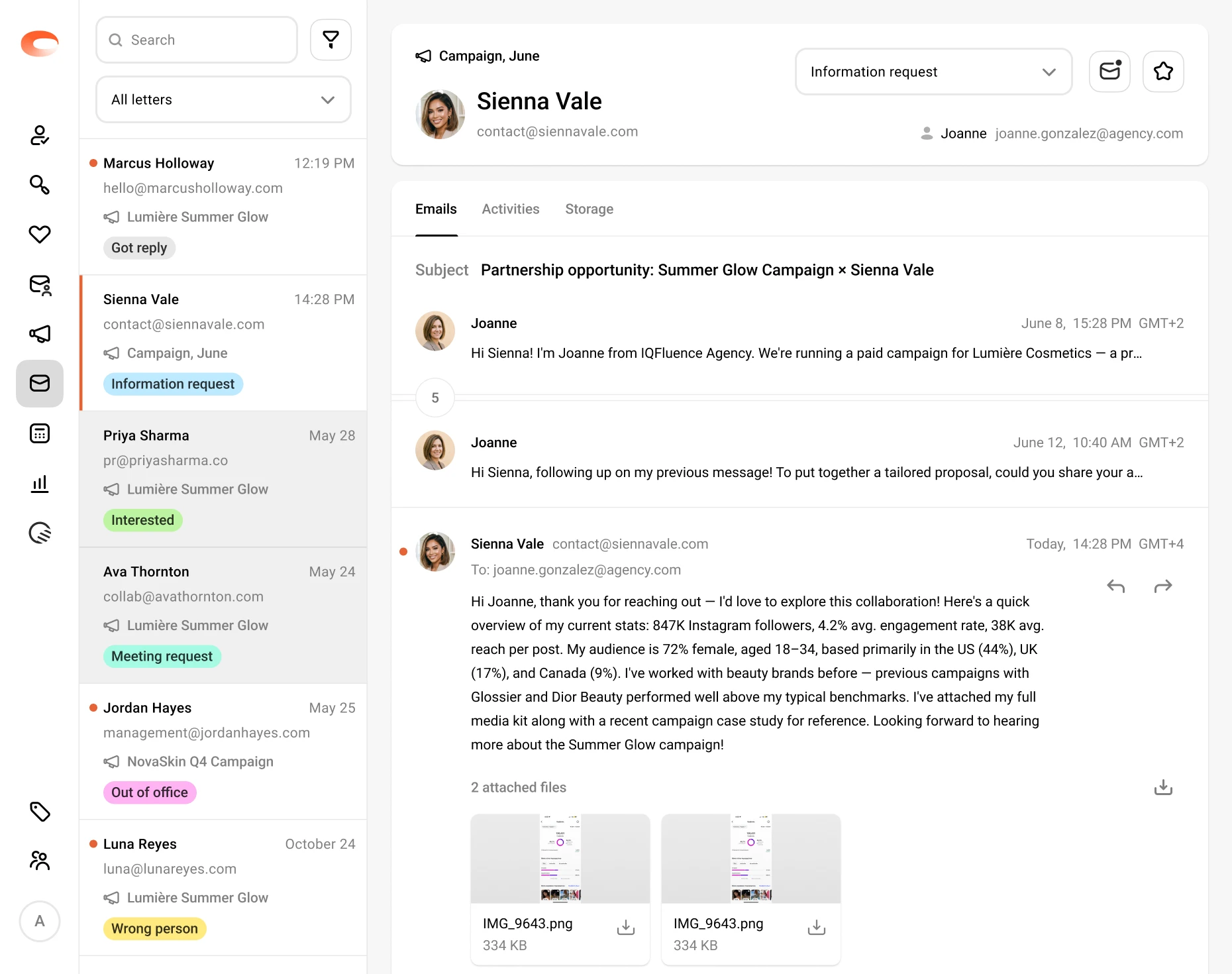 IQFluence campaign inbox interface