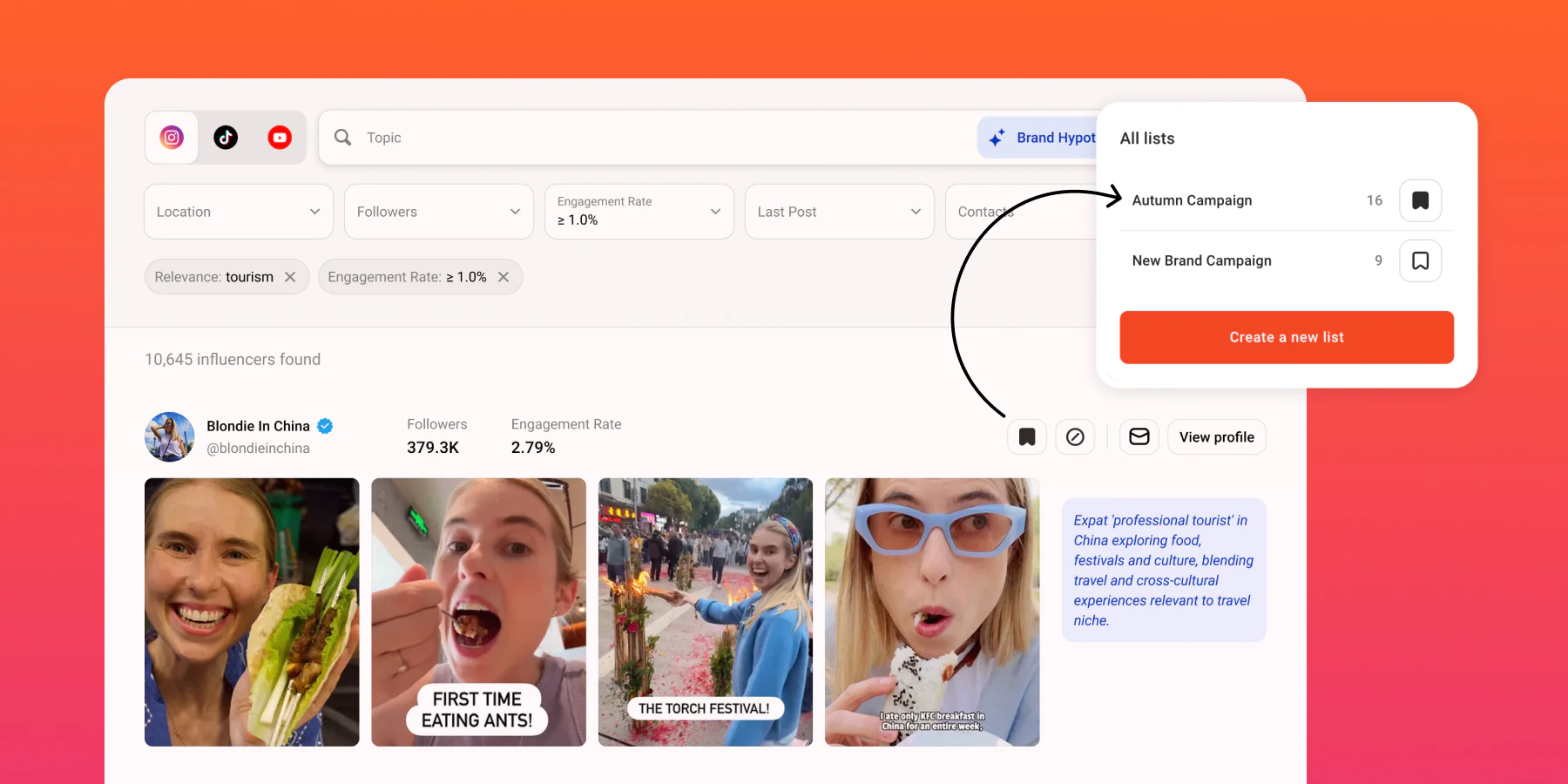 Saving a&nbsp;creator from Discovery directly to&nbsp;an&nbsp;influencer shortlist